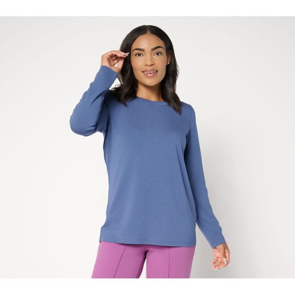 Denim & Co. Women's Top Sz L Essentials So Soft Jersey Round Neck Blue